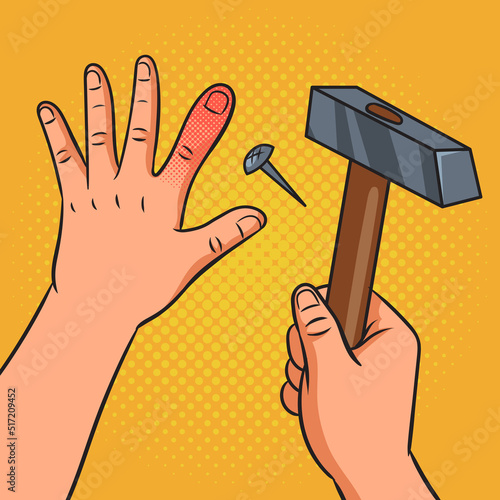 hammer blow on the finger pop art retro vector illustration. Comic book style imitation.