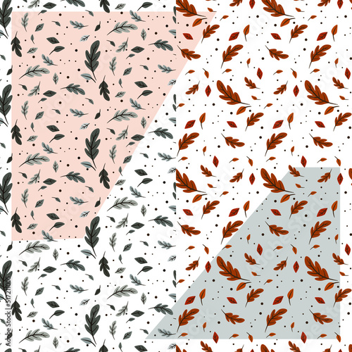 Autumn texture of flat multicolored leaves. Gray and orange leaves with dots. Windy weather, flying leaves.