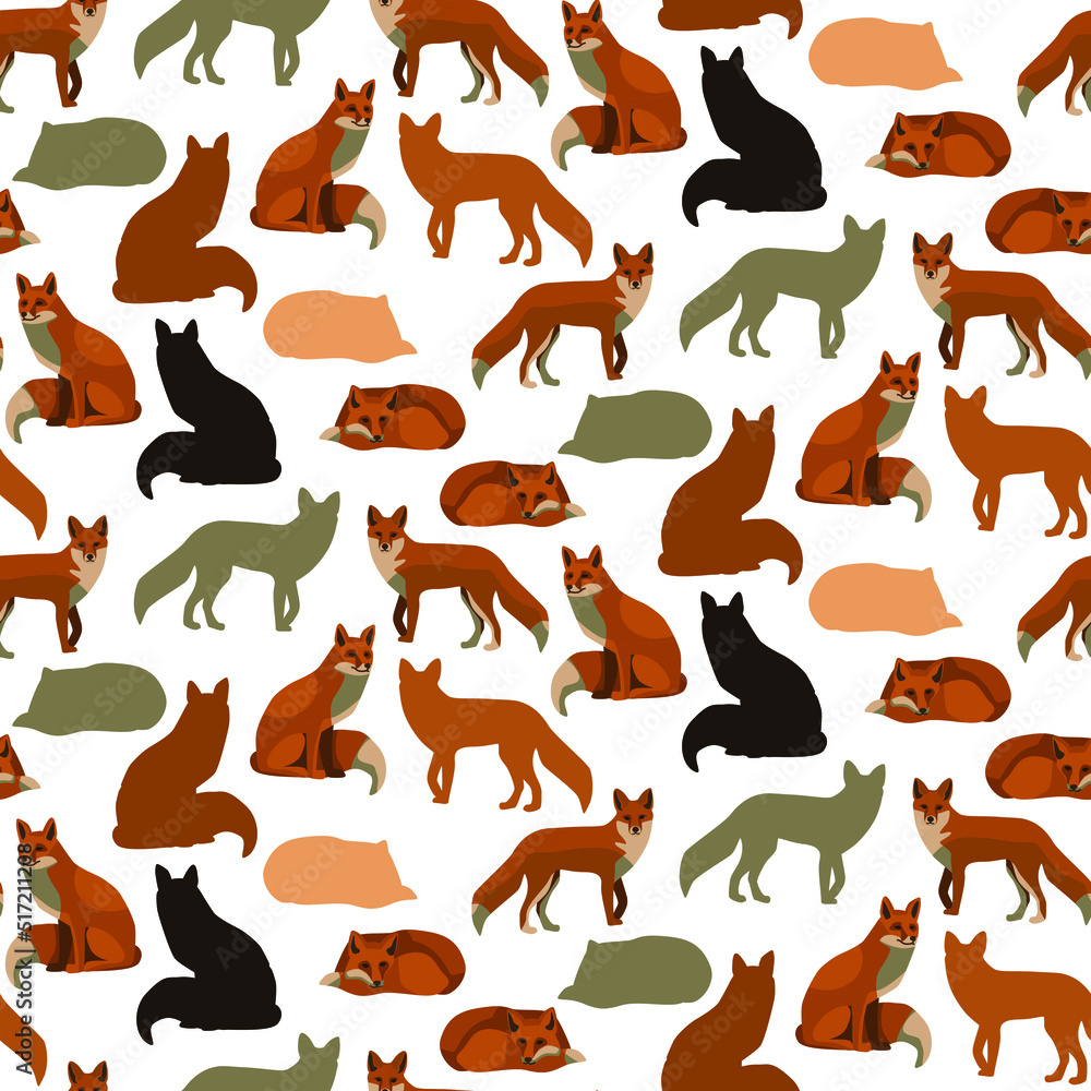 Foxes in different poses. Seamless pattern of foxes with shadow. Vector illustration