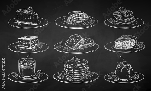 Chalk illustrations of desserts and cakes on plate