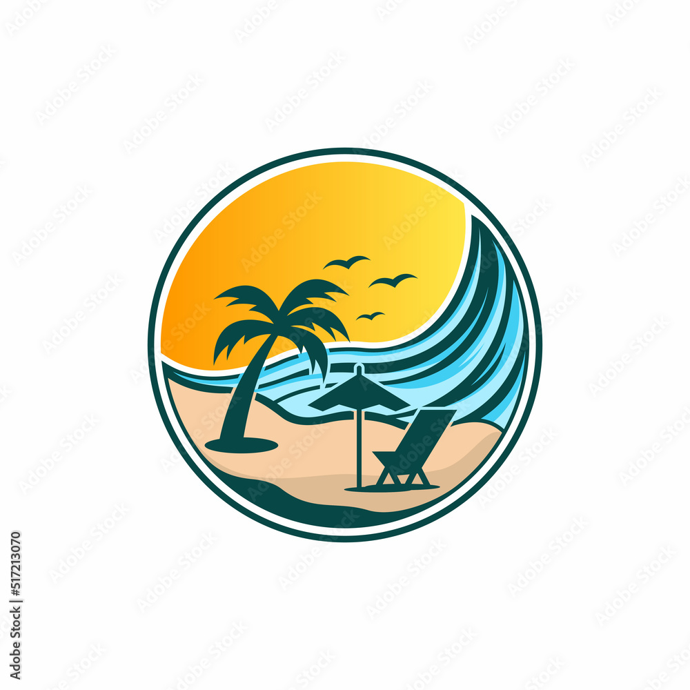 Paradise island logo. Beautiful beach logo. amazing beach sea logo design. Tropical islands logo