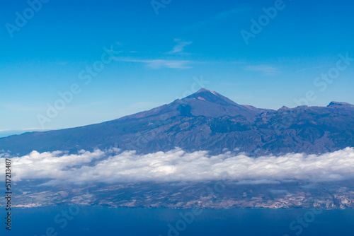 Aerial panoramic view on Tenerife island with peak of Mount Teide  volcatic landscape  Canary islands  Spain