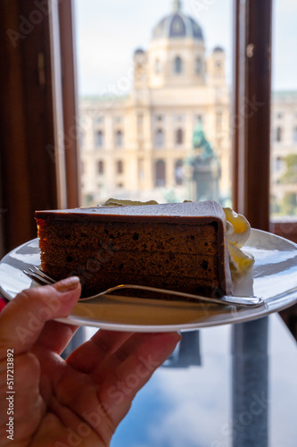 Photography Hand with piece of famous Sachertorte chocolate cake with apricot jam of Austria