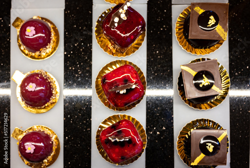 Photography Austrian desserts, different types of chocolate and fruit cakes in cafe in Vienna