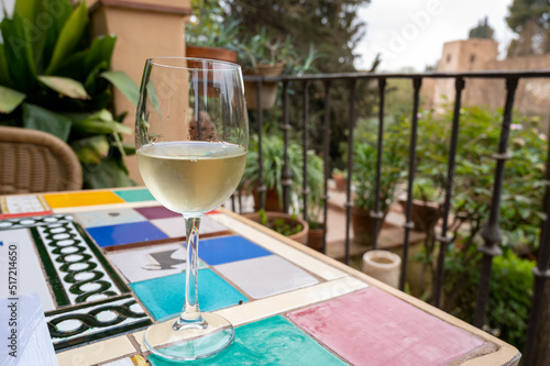 Glass of Spanish dry white wine served on outdoor terrace with view on red walls of Andalusian fortress Alhambra in Granada, Spain photo