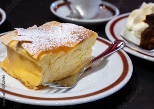 Photography Austrian sweet dessert, filled with white cheese strudel served warm in traditio