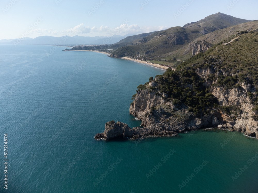 Aerial view on coast between Sperlonga and Gaeta, touristic route, summer vacation destination on Tyrrhenien sea with sandy beaches and old houses