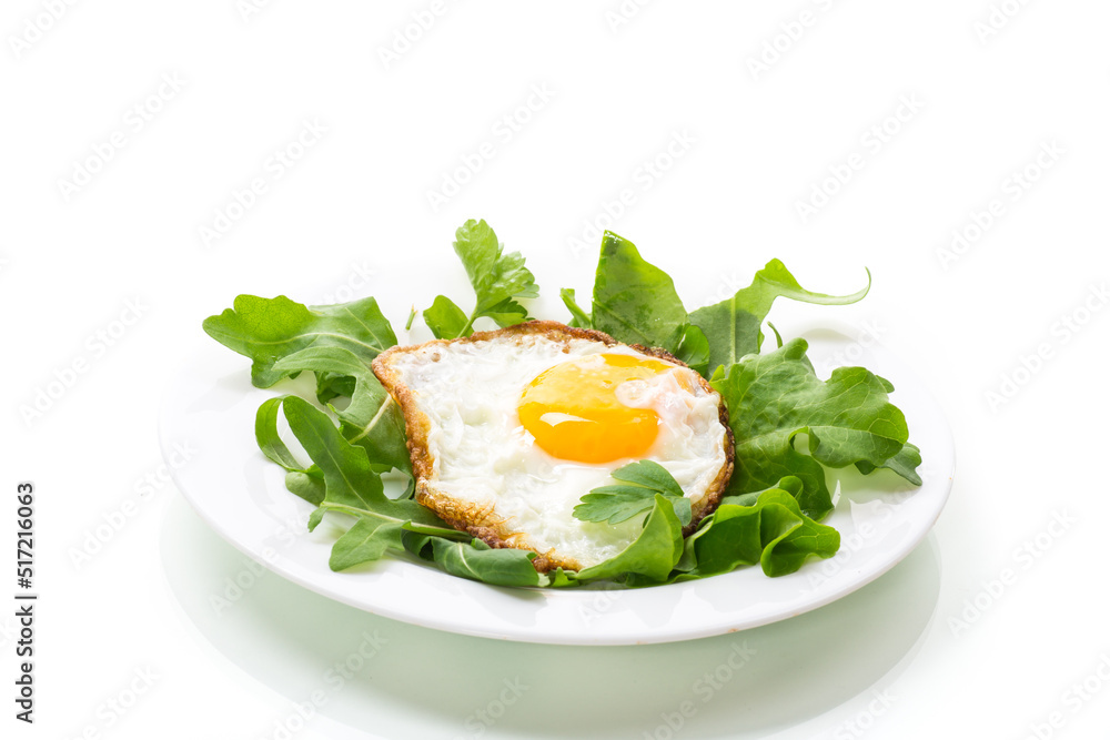 one fried egg with arugula and lettuce in a plate one fried egg with arugula and lettuce in a plate