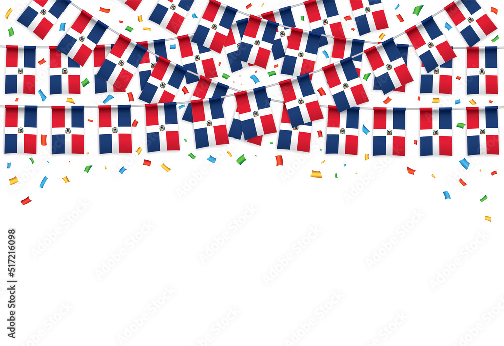 Dominica Republic flag garland white background with confetti, Hang ...