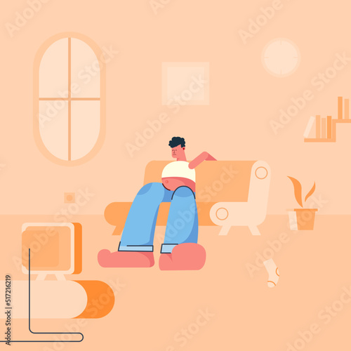 A lazy man laying on the couch. a fat man watching tv in the living room. Vector flat illustration