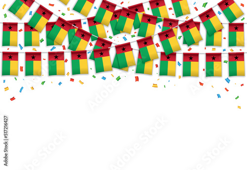 Guinea Bissau flags garland white background with confetti, Hanging bunting for Independence Day celebration template banner, Vector illustration