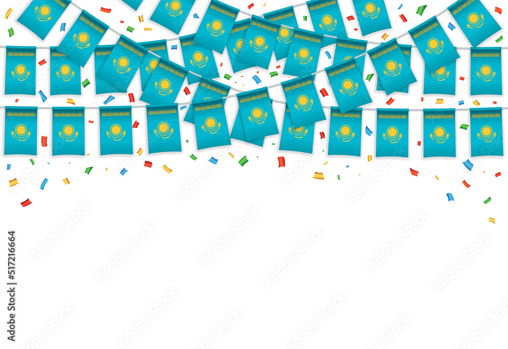 Kazakhstan flags garland white background with confetti, Hang bunting for National Day celebration template banner, Vector illustration
