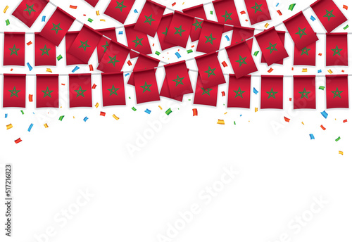 Morocco flag garland white background with confetti, Hanging bunting for Moroccan independence Day celebration template banner, Vector illustration