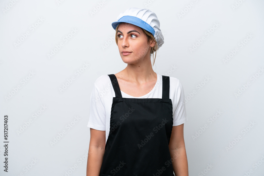 Fishwife woman isolated on white background looking to the side Fishwife woman isolated on white background looking to the side