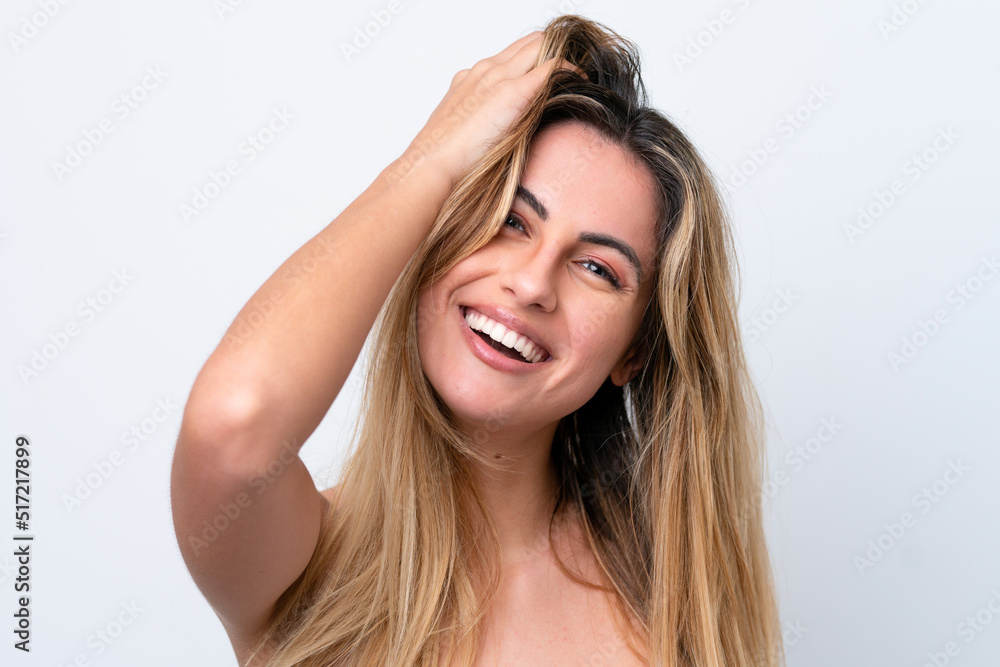 Young caucasian woman isolated on white background with happy expression. Close up portrait Young caucasian woman isolated on white background with happy expression. Close up portrait