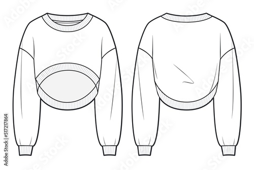 Unisex Crop Sweatshirt fashion tehnical drawing template. Oversize Sweatshirt template, front and back view, white colour, rib collar and hem. Women's fashion CAD mock-up. photo