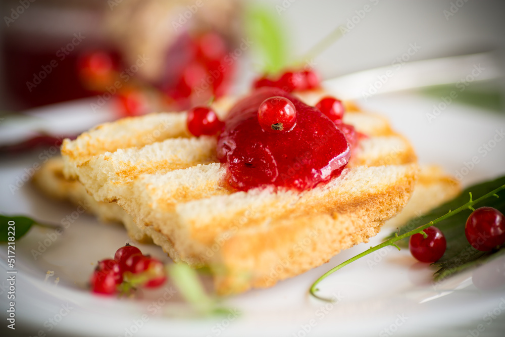 fried bread croutons for breakfast with redcurrant jam in a plate with berries fried bread croutons for breakfast with redcurrant jam in a plate with berries