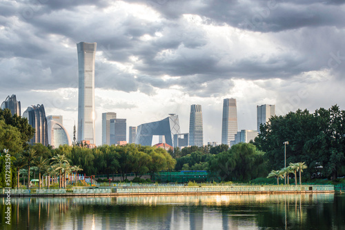 Cloudy sky and dark clouds in Beijing International Trade CBD building complex