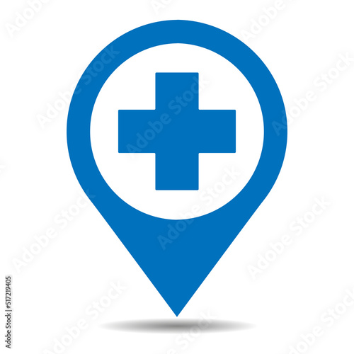 Illustration of medical facility pointer icon with shadow on white background