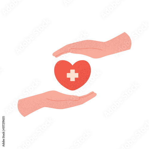 Helping hands giving heart in modern flat style. World Organ Donation Day. Charity, health, voluntary, nonprofit organization. Blood donation, sharing love for needy. Advert social care.