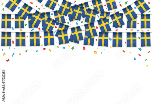 Sweden flags garland white background with confetti, Hang bunting for Swedish independence Day celebration template banner, Vector illustration