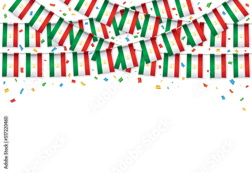 Tajikistan flags garland white background with confetti, Hang bunting for Tajik independence Day celebration template banner, Vector illustration