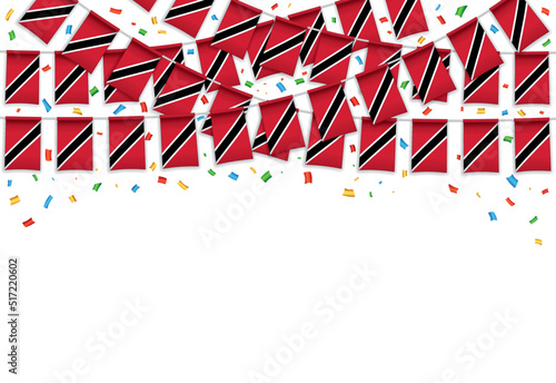 Trinidad and Tobago flags garland white background with confetti, Hanging bunting for Independence Day celebration template banner, Vector illustration