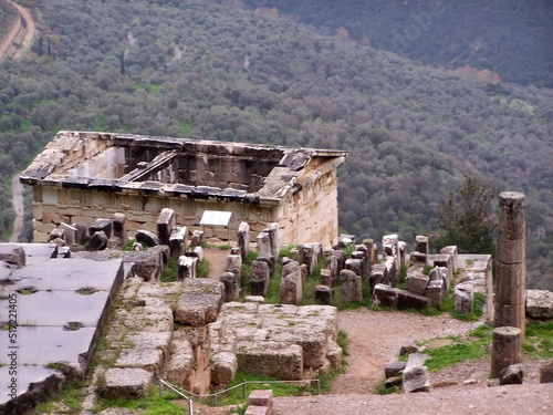 Ruins of a temple and other ancient buildings at the site of the Oracle of Delphi in Phocis, Greece