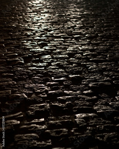 Vertical shot of a cobblestone texture at night Fototapet