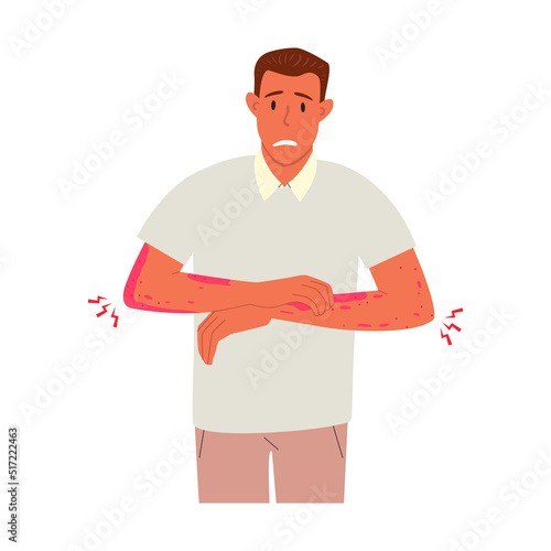 Flat vector illustration of an unhappy suffering man scratching the skin on her hand. Various skin problems, such as allergies, psoriasis, itching, atopic dermatitis, eczema, dryness, redness.