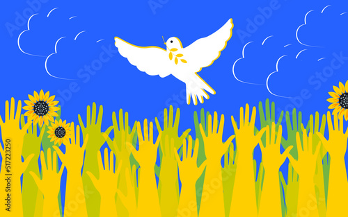 Actual poster with a white dove of peace in the blue sky. Hands of the Ukrainian people in the struggle for peace. Peace to Ukraine in the symbolic colors of the blue and yellow flag. Vector.