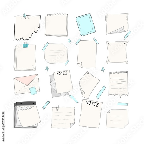 set of paper sheets, notebook and tear-off calendar, copy space, blank white piece for writing text in cartoon mockup style