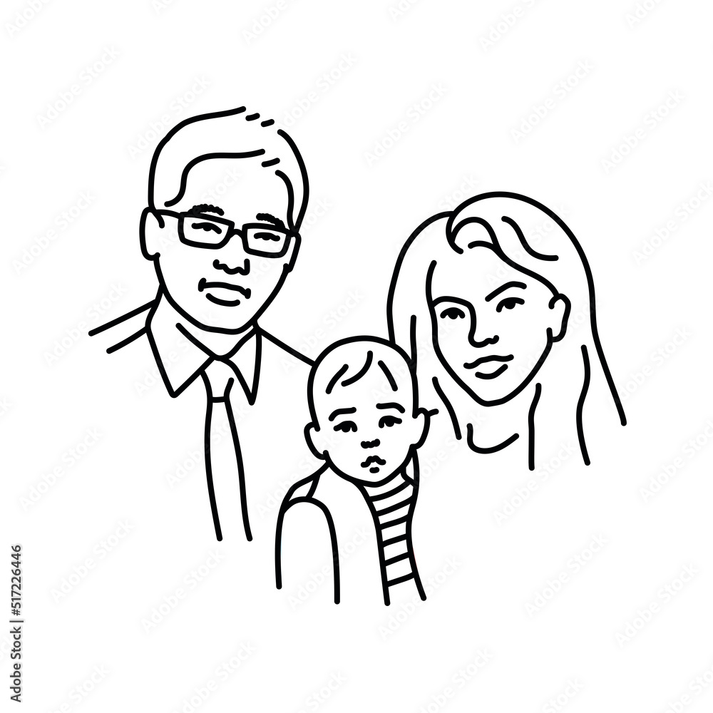 Interracial couple with baby color line illustration Interracial couple with baby color line illustration