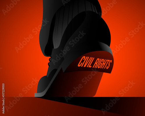 Civil rights violation concept.  Big male shoe trampling on civil rights writing. Abuse and bullying concept. Human right violation. Vector illustration