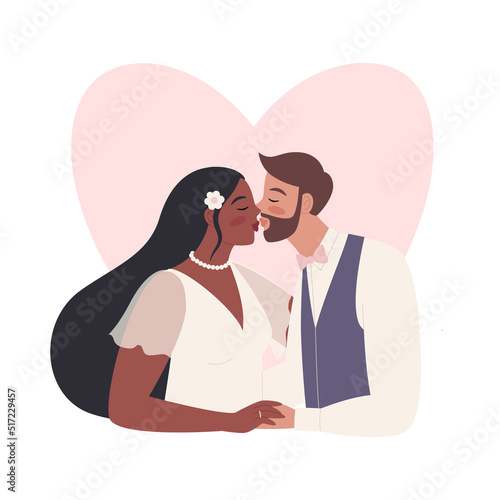 Vector illustration of kissing bride and groom. Wedding of heterosexual interracial couple. Man and woman in love. Marriage