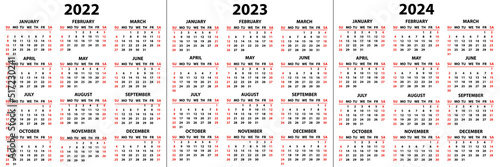 Calendar for 2022, 2023 and 2024 years in English in simple style on a white background. Week starts on Sunday. Vector illustration