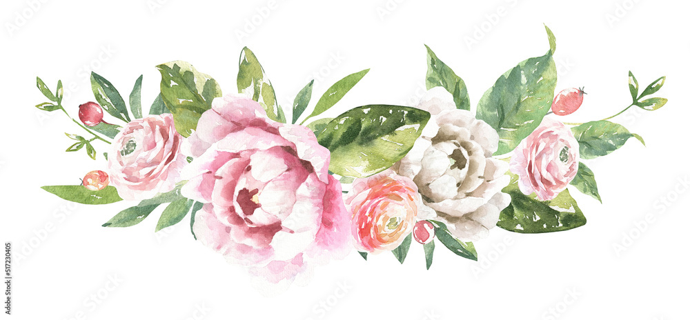 Watercolor bouquet of pink peony, roses illustration,juicy greens, coloful,vibrant frame, vintage florals botanical wreath for spring,easter wedding stationery, stationery