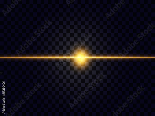 Neon beautiful golden horizontal line with bright flashes of light on a transparent background.