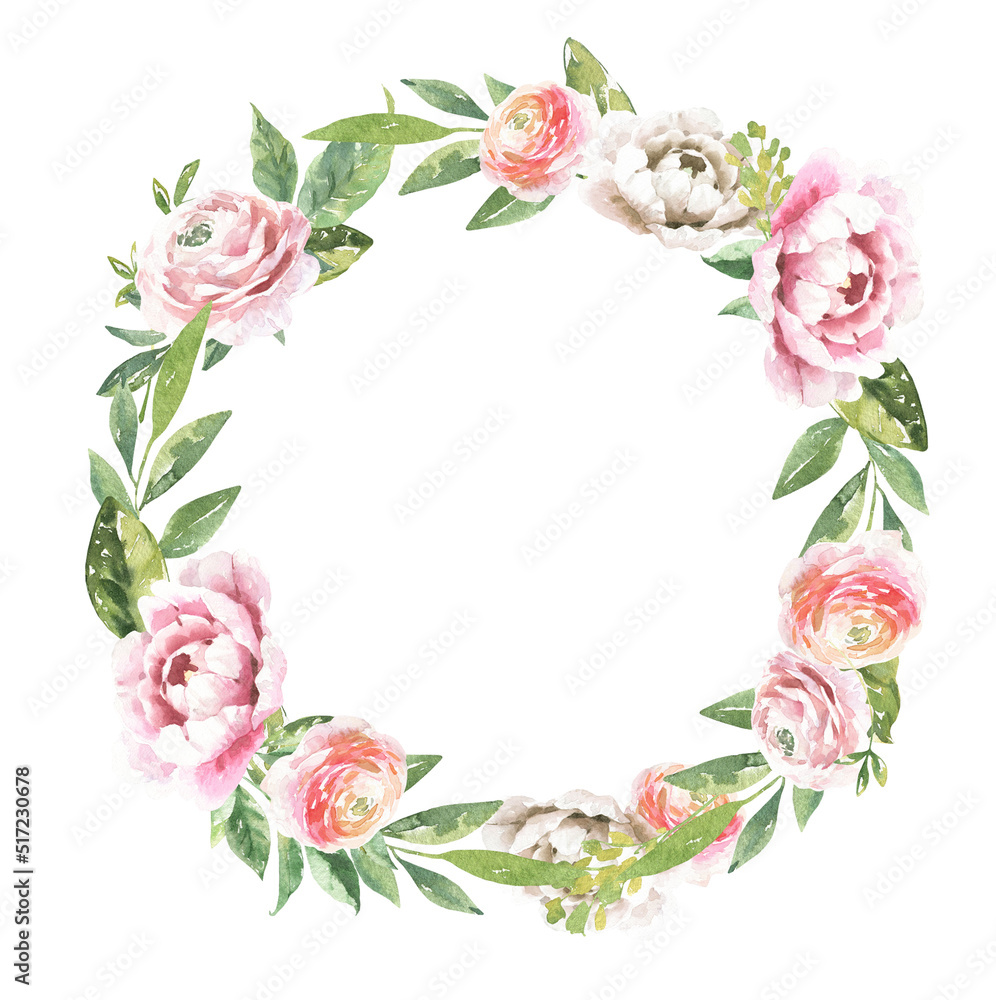 Watercolor wreath of pink peony, roses illustration,juicy greens, coloful,vibrant frame, vintage florals botanical wreath for spring,easter wedding stationery, stationery