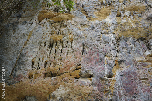 The texture of Limestone cliffs with ancient wall paintings of fingers and hands. The archaeological site of color paintings of Pratu Pha Camp of Lampang, Thailand. photo