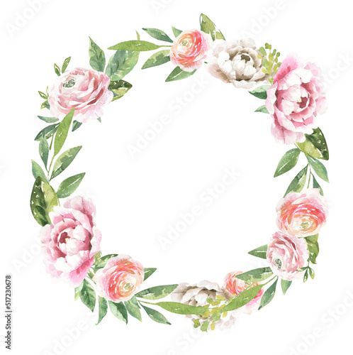 Watercolor wreath of pink peony  roses illustration juicy greens  coloful vibrant frame  vintage florals botanical wreath for spring easter wedding stationery  stationery