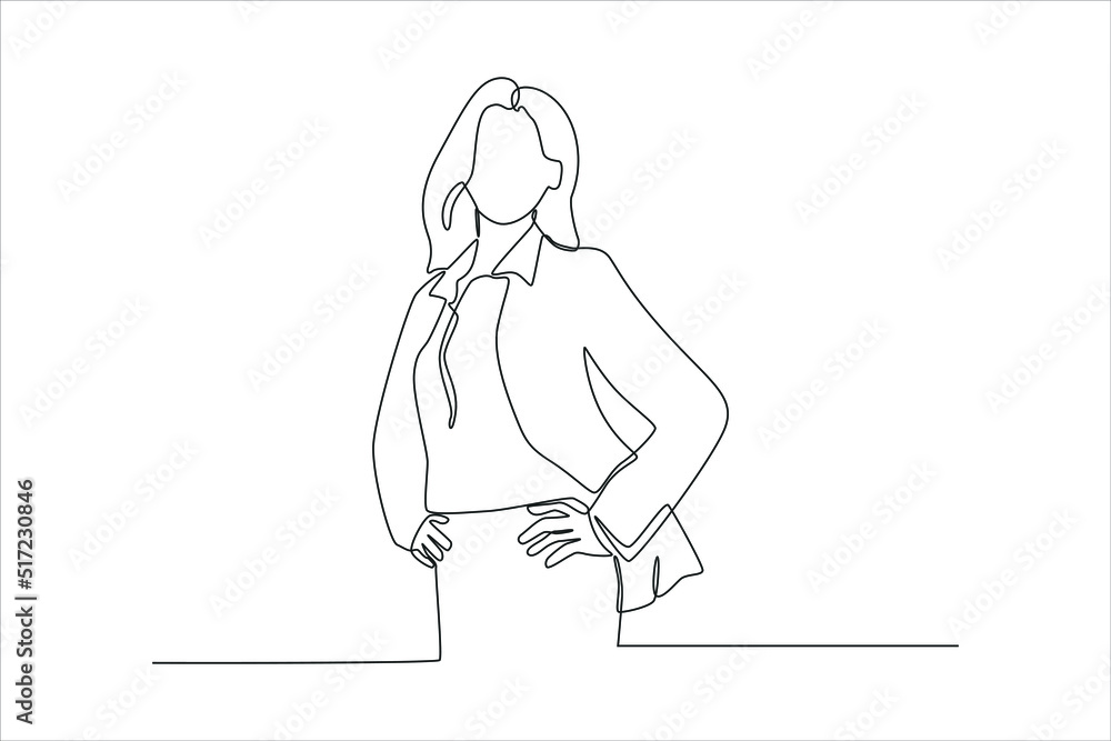 Continuous one line drawing modern business woman in the office. Modern woman concept. Single line draw design vector graphic illustration. Continuous one line drawing modern business woman in the office. Modern woman concept. Single line draw design vector graphic illustration.