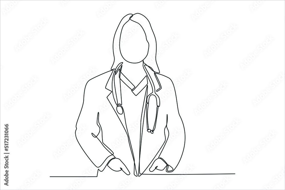 Continuous one line drawing professional confident young doctor in