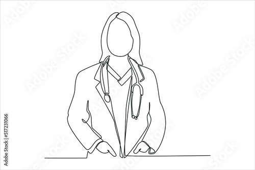 Continuous one line drawing professional confident young doctor in white coat, stethoscope over neck, ready help patient. Modern woman concept. Single line draw design vector graphic illustration.
