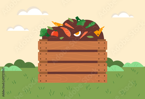 Compost box concept. Wooden basket with organic biodegradable waste for soil fertilization and agriculture. Humus with nutrients for plants. Farming and gardening. Cartoon flat vector illustration