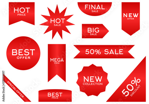 Set of Price tags. Discount red ribbons. Sale and shopping tags. Vector collection