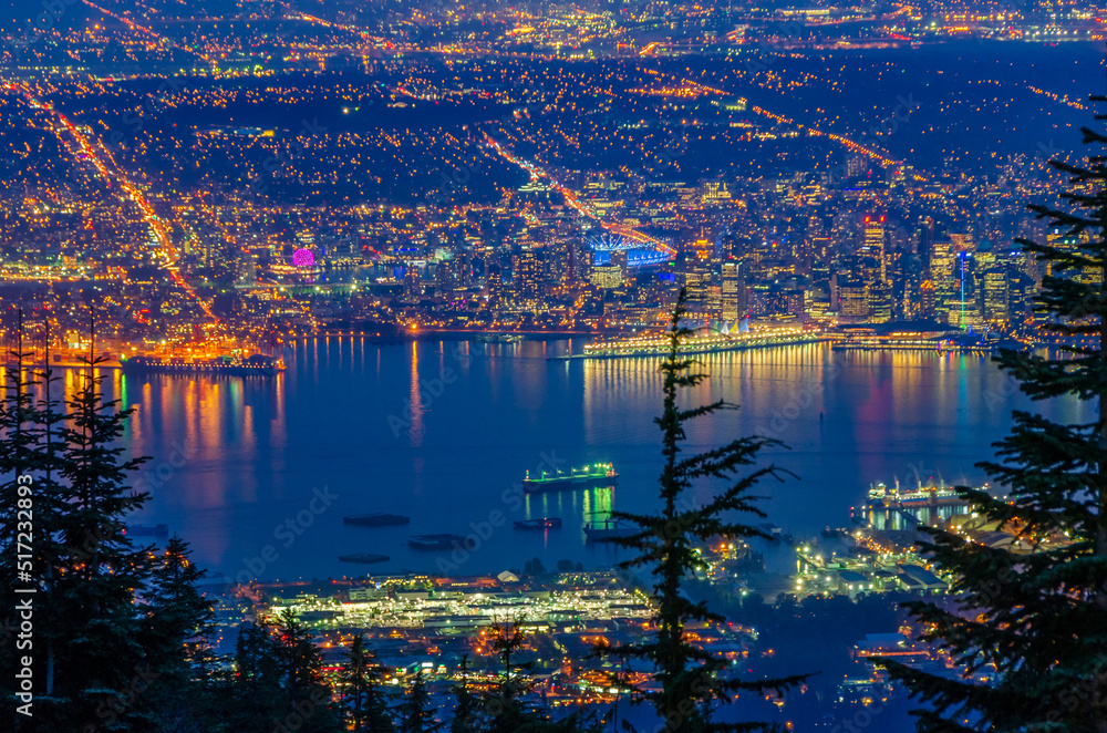 Cityscape Night. Evening illumination in Vancouver, Canada. Aerial view.