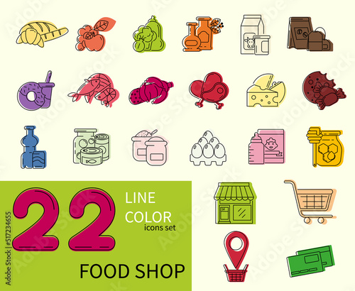 Black and color icons set for retail, grocery, restaurant food delivery concept. Flat outline cartoon vector illustration template design concepts isolated on white background for website, landing pag