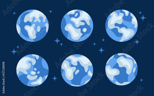 Set of globes in various positions. 6 planets Earth with continents and oceans in space. Isolated objects for stickers, web design, social media and advertisement. Tourism day. Hand drawn cartoon flat