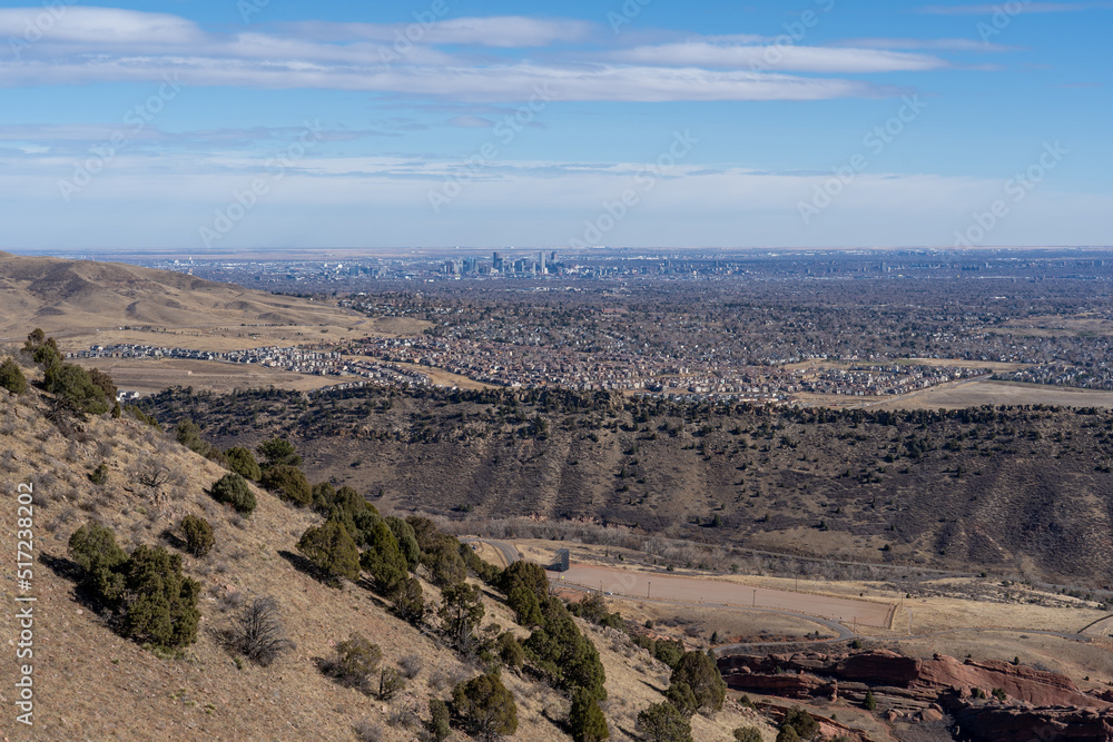 The view of Downtown Denver and Red Rocks Amphitheater from Mount Morrison in Denver, Colorado